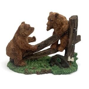 Silver Deer's Ark 1991 Tom Rubel Playful Bear Cubs on Fence Figurine 4.5"H x 6"L